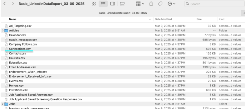 Downloaded LinkedIn archive folder showing a Connections CSV file.