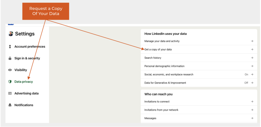 LinkedIn Data privacy settings showing the option to get a copy of your data.