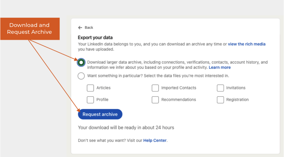 LinkedIn export data screen showing request archive option.