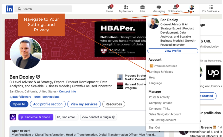 LinkedIn profile menu with Settings and Privacy selected.